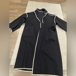 [M]VTG 90s Jaeger Black White Trim Wool Camel Long Trench Coat Belt Robe Style